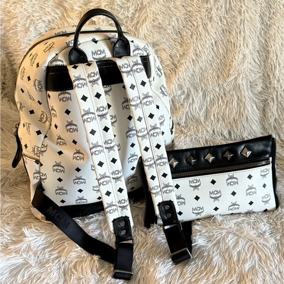 MCM Monogrammed Backpack in White and Black with Studs - Picture 3 of 11